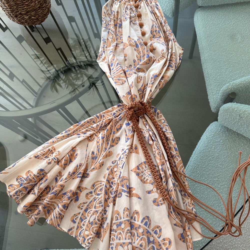 Zara Pink and Brown Pleated Tie Front Sundress
